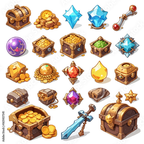 A set of cartoon style treasure and loot icons on a white background