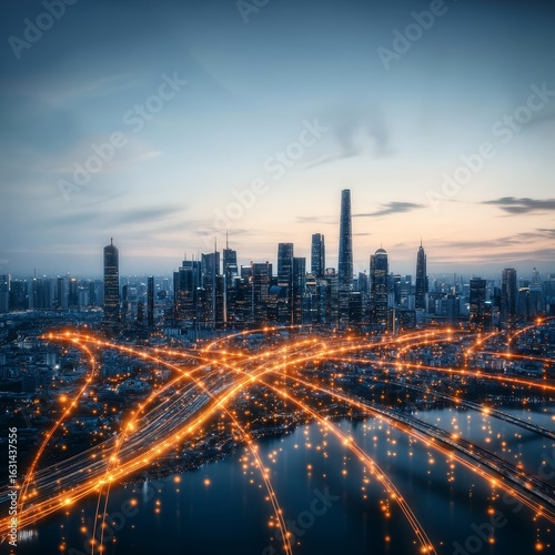 Wallpaper Mural Vibrant Urban Nightscape Showcasing a Connected City with Glowing Networks and Futuristic Elements Torontodigital.ca