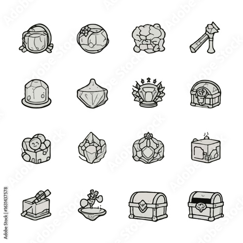 A collection of minimalist outline treasure and loot icons on a white background