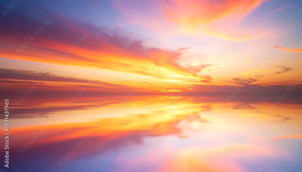 Obraz premium Fiery Sunset Sky Reflections with Vibrant Clouds Calm Water, and Natures Beauty.