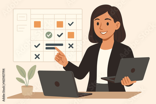 Project manager woman planning business schedule. Professional businesswoman organizing tasks on calendar board. Office work, productivity and time management concept.