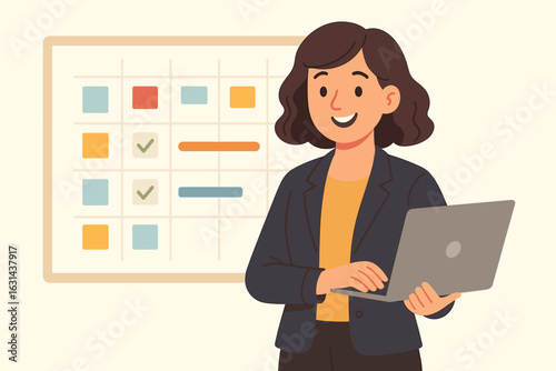 Project manager woman with laptop planning schedule. Business professional managing tasks on calendar board. Concept of workflow, productivity, and deadline management. Vector cartoon.