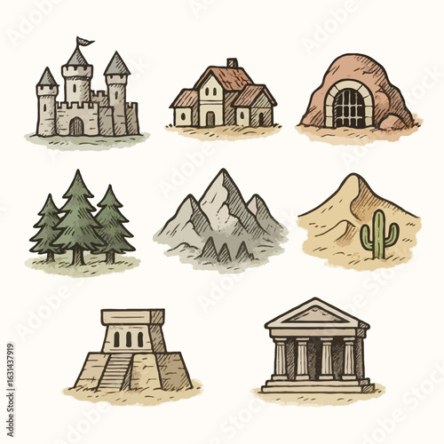 A set of hand-drawn RPG map icons