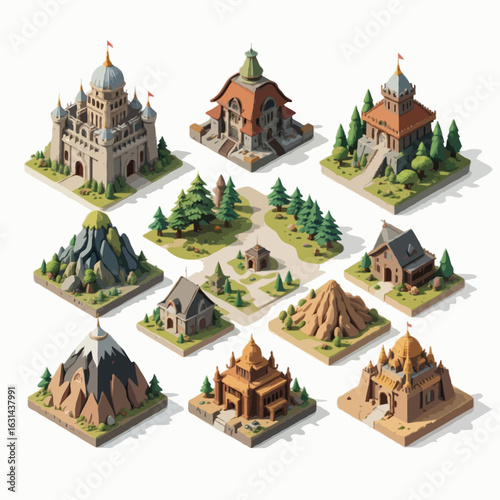 A set of isometric RPG map location icons 