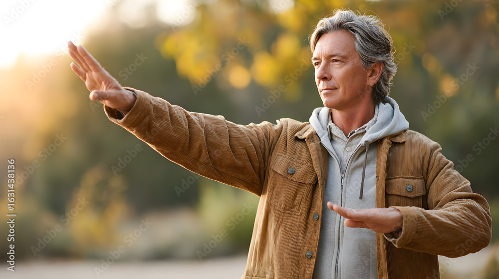 Fototapeta premium A man practicing Tai Chi outdoors during golden hour, embracing mindfulness and tranquility