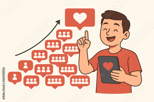 Social media marketing success. Influencer celebrating growing followers and likes. Man with tablet showing network growth chart. Digital engagement and online community building concept.