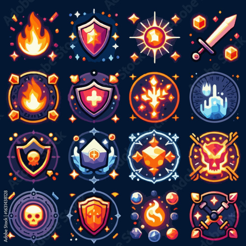 A collection of glowing flat vector RPG skill icons