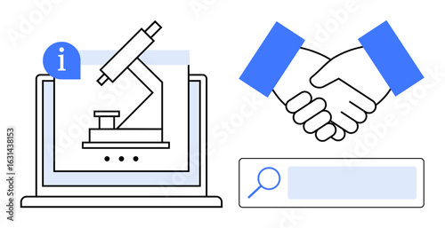 Microscope on laptop screen, handshake, and search bar emphasizing research, collaboration, science, technology, innovation, communication and education. Ideal for business medical or tech themes