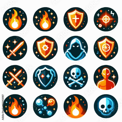 A collection of glowing flat vector RPG skill icons