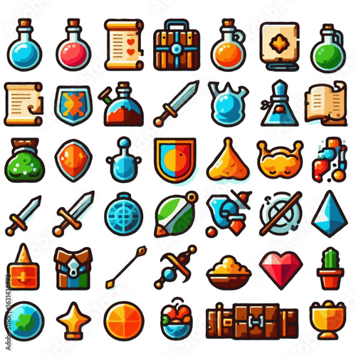 A set of colorful flat vector RPG inventory icons