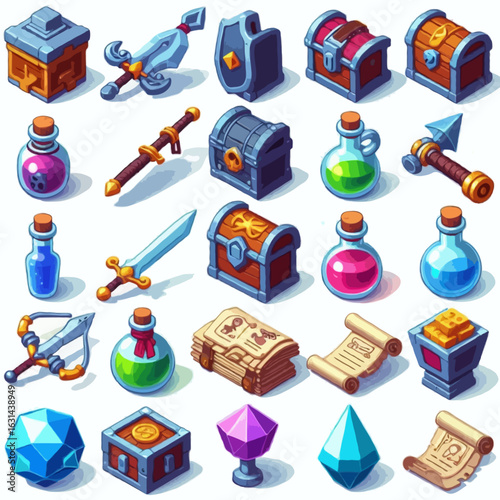 A set of isometric 3D RPG inventory item icons