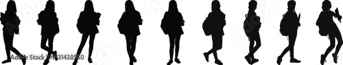 Silhouette of female students with backpacks in different standing poses, black vector figures on white background, perfect for education, school, college, university, or academic design themes