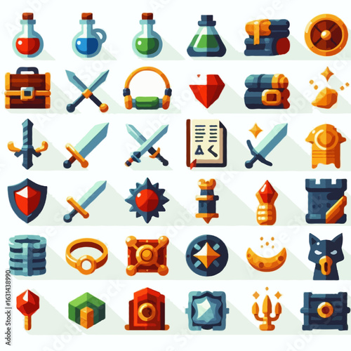 A set of colorful flat vector RPG inventory icons