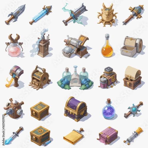 A set of isometric 3D RPG inventory item icons