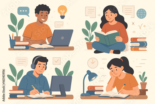 Student studying vector illustration set. People learning, reading book, doing homework. Online education, e-learning, distance course concept. Cartoon characters working on laptop