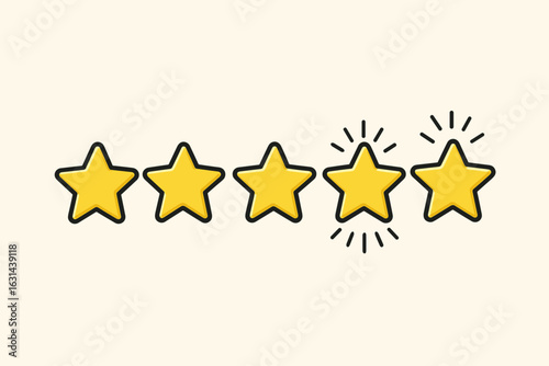 Five star rating. Customer review with gold stars. Feedback, survey, and quality concept. Excellent service, best rating. Positive opinion. User experience vector icon.