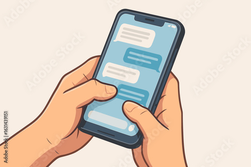 Hands holding smartphone, typing text message. Mobile phone screen showing chat conversation with bubbles. Online communication, social media, messenger app concept. Flat vector illustration.