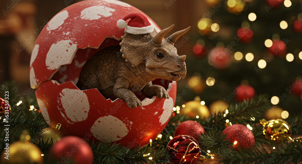 Naklejka premium Cute baby triceratops hatching from festive red Christmas egg, wearing Santa hat, surrounded by decorated Christmas tree with ornaments and lights, realistic 3D render holiday dinosaur scene