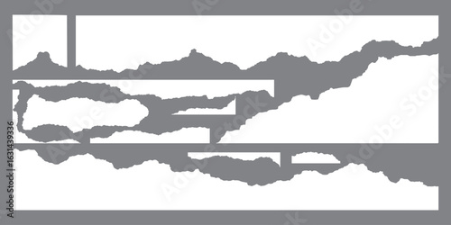 White realistic torn or ripped paper strip collection with grunge edges. Rips paper texture vector art background	
