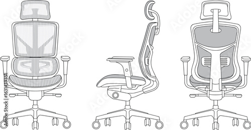 Modern ergonomic office chair illustration, mesh back, adjustable headrest, armrests, swivel wheels, side view, detailed cad drawing