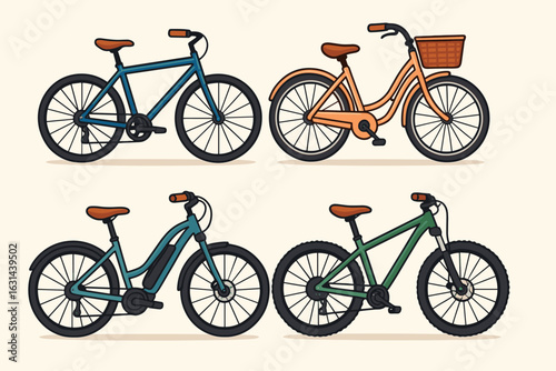 Vector bike collection set of 4 illustrations featuring various men and women bicycles, including electric and traditional models, cartoon style with light background, cycling transportation icons