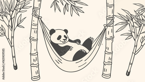 A panda bear relaxing in a hammock strung between bamboo trees in a peaceful and serene setting