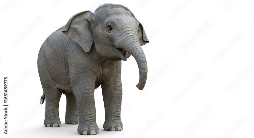 Fototapeta premium B�b� �l�phant adorable pose souriante lumi�re douce fond blanc. AI Generated