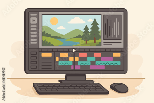 Video editing software on desktop computer screen with timeline and nature landscape clip. Multimedia post production, film making, and content creator workflow concept.