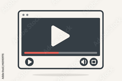 Video media player interface. Simple vector illustration of a digital movie or film window frame with play buttons. Concept for streaming, online education, and web.