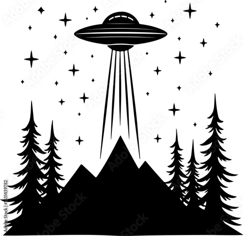 "UFO Over Mountain Forest Silhouette" vector bundle