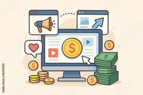Affiliate marketing income concept. Desktop computer with money, promotion icons. Earn money online, digital business success, content monetization, passive income vector.