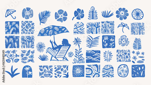 Blue botanical pattern featuring flowers leaves and a woman relaxing under an umbrella on a chair