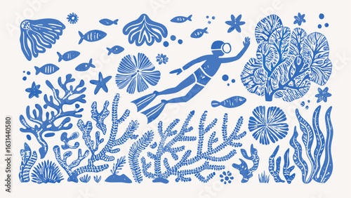 Illustration of a scuba diver swimming among coral reefs and fish in a blue color palette design