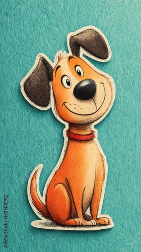 Friendly cartoon dog character with a cheerful expression on a bright turquoise background