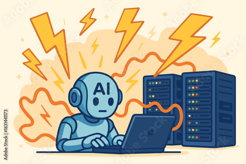 AI power consumption concept. Robot using laptop connected to server racks. High energy use in data centers for machine learning and big data processing. Vector illustration.