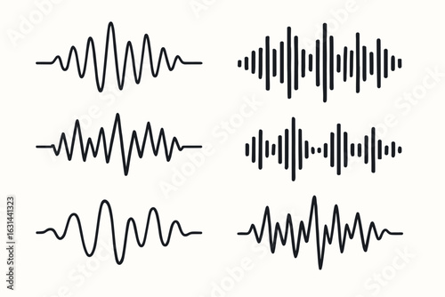 Sound waves set. Music waveform, audio spectrum, and equalizer graph collection. Voice signal frequency, soundwave amplitude diagram. Digital audio visualization vector icons.