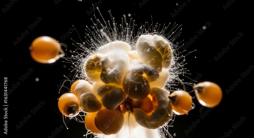 Obraz premium Dynamic High-Speed Macro Shot of Popcorn Kernels Popping with Explosive White Trails on Black Background