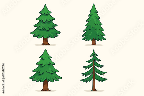 Coniferous tree vector collection. Set of four cartoon pine, fir, or spruce trees. Evergreen forest wood elements for nature design, park scenery, or Christmas illustration.
