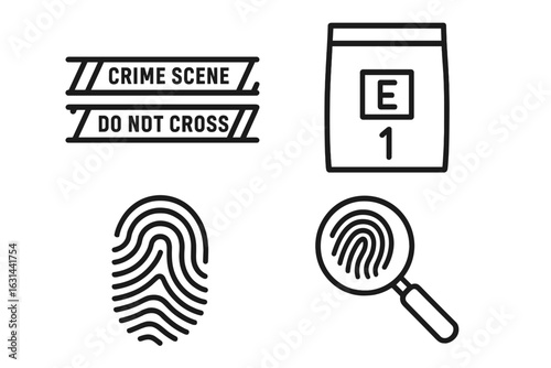 Crime scene icon set. Outline symbols for forensic investigation. Includes police tape, evidence bag, fingerprint, and magnifying glass. Vector for law, justice, and detective work.