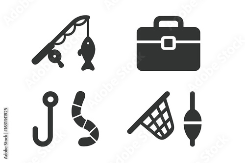 Fishing equipment solid glyph icon set. Angling sport and hobby concept. Vector collection with fishing rod, tackle box, hook, worm bait, net, and float bobber symbols.