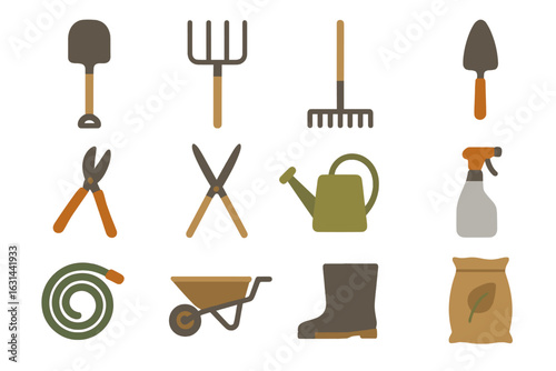 Gardening tools flat icons set. Yard work, horticulture and landscaping essentials. Vector illustration collection of garden equipment symbols for agriculture and farming.
