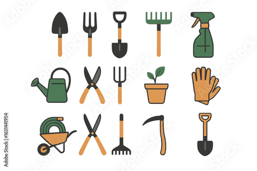 Gardening tools flat icon set. Vector collection for horticulture, landscaping, and agriculture. Essential equipment like shovel, rake, pruners, fork, and wheelbarrow.