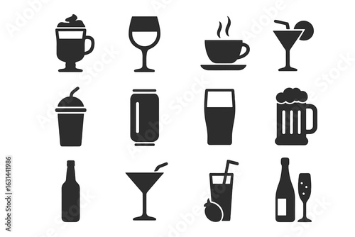 Drink and beverage icon set. Vector glyph collection of alcohol and non-alcoholic drinks for bar, pub, cafe, and restaurant menu. Silhouette symbols for wine, beer, cocktails.