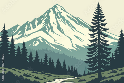 A snowy Mount Shasta rises majestically in Northern California, towering above forests and valleys with its volcanic peak.