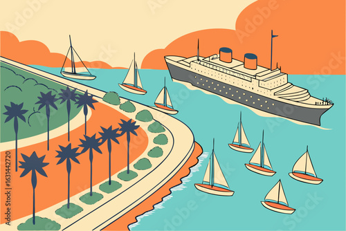 A sunny day in Long Beach, California, shows the Queen Mary cruise ship docked beside a marina of sailboats.