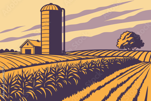 A tall silo casting a shadow across harvested fields in late fall in northern Illinois.