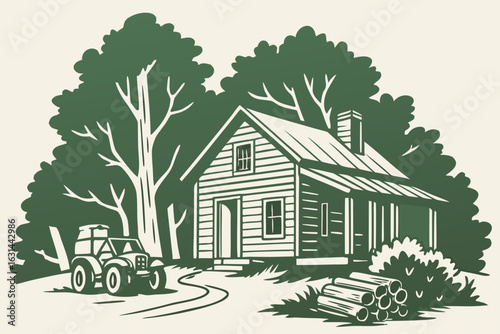 A hunting cabin deep in the Alabama woods with a four-wheeler and woodpile stacked outside.