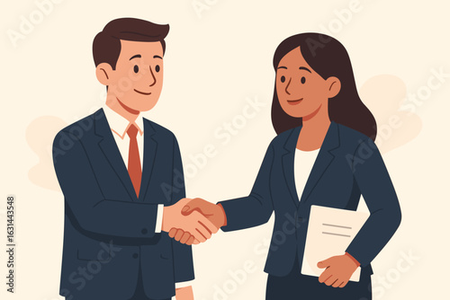 Businesspeople man and woman handshake. Partnership deal agreement concept. Partners shaking hands over a successful contract. Corporate cooperation and teamwork success.