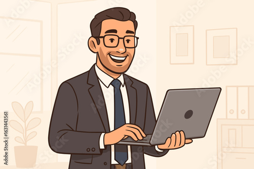 Businessman with laptop smiling. Office worker or manager using computer. Happy professional character standing at work. Corporate success concept. Vector cartoon illustration.