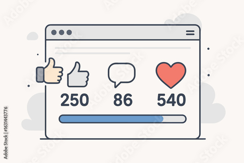 Social media marketing engagement vector concept. Likes, comments, and followers counters. SMM analytics for business promotion. User interface with notification icons.